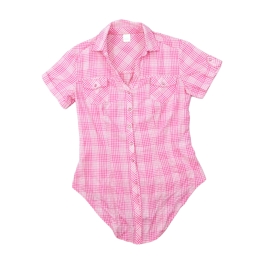 Women’s Pink Gingham Cotton Short-Sleeve Button-Up Shirt with Tie Front