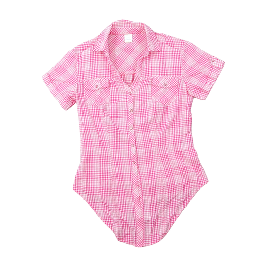 Camisa Camaieu em algodão rosa com xadrez Vichy de Manga curta com Nó à Frente