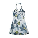 White Abstract Floral Halter Mini Dress with Ruched Bust