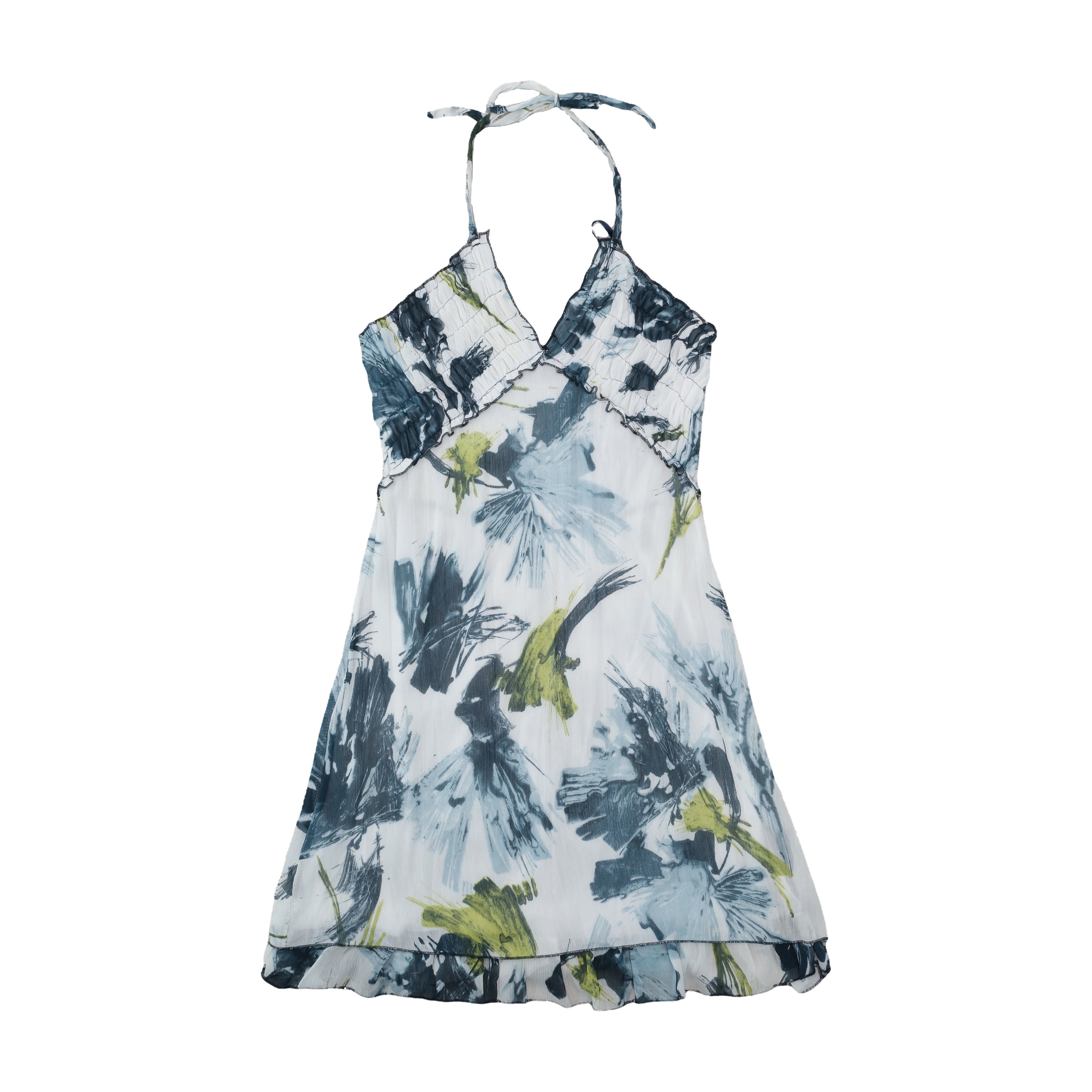 White Abstract Floral Halter Mini Dress with Ruched Bust