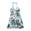 White Abstract Floral Halter Mini Dress with Ruched Bust