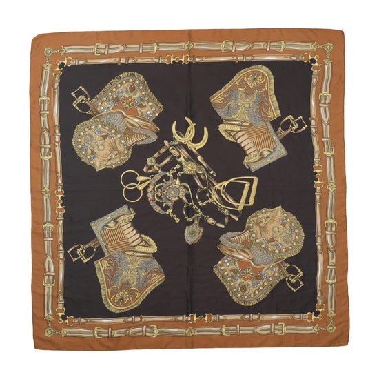 Vintage Equestrian Print Square Scarf Brown Navy