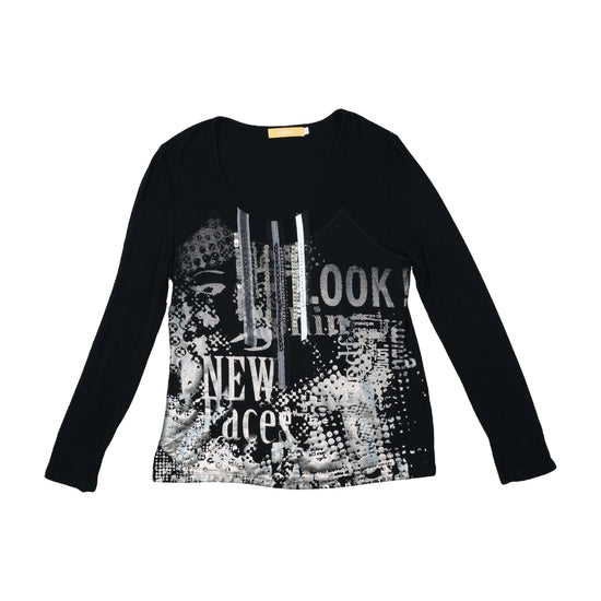 BiBA Long-Sleeve T-Shirt Silver Graphic Sequin Black L
