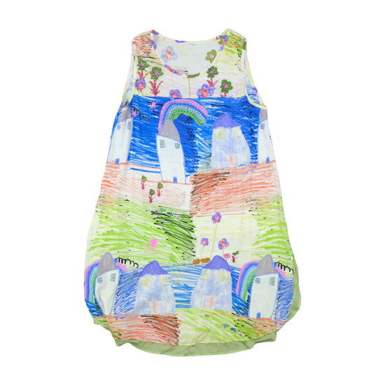 Vintage Shift Dress Child Drawing Print Multicolor