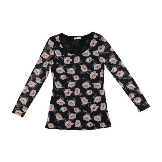 Elisa Landri Mesh Floral Long-Sleeve Top Black S