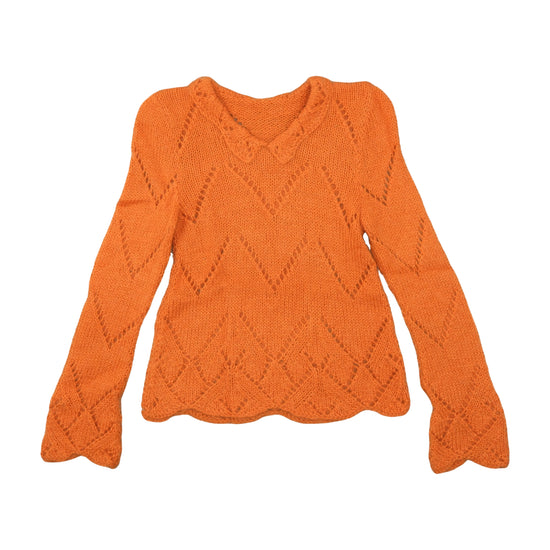 Vintage 1970s Pointelle Lace Knit Sweater Pumpkin Orange