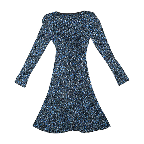 Vintage Wrap Dress Geometric Print Navy Blue M