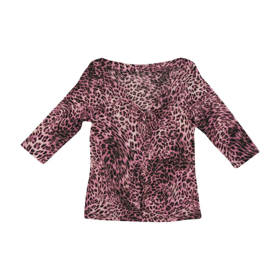 Vintage Y2K Leopard Print Tie-Neck Blouse Pink