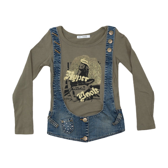 BLU DEISE Y2K Denim Bib Overlay Shirt Khaki Green S