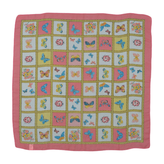 Vintage Scarf Butterfly Floral Grid Print Pink