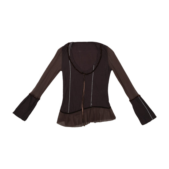 Vintage Y2K Viscose Blouse Sheer Mesh Velvet Trim Brown M