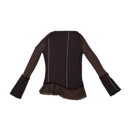 Vintage Y2K Viscose Blouse Sheer Mesh Velvet Trim Brown M