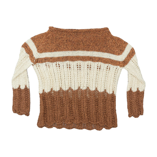 Vintage 1970s Striped Openwork Knit Sweater Caramel Brown