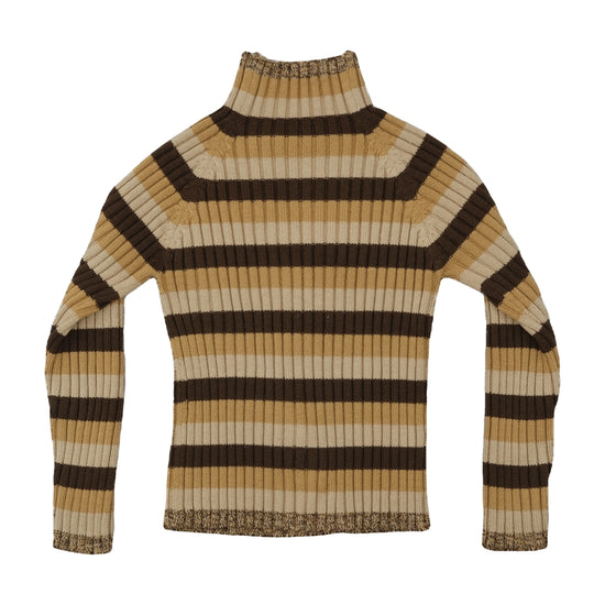 Vintage Striped Ribbed Turtleneck Sweater Brown