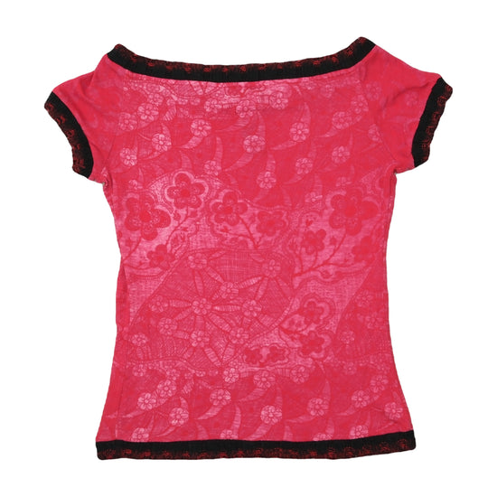 Custo Repainted Fitted T-Shirt All-Over Lace Print Red XS