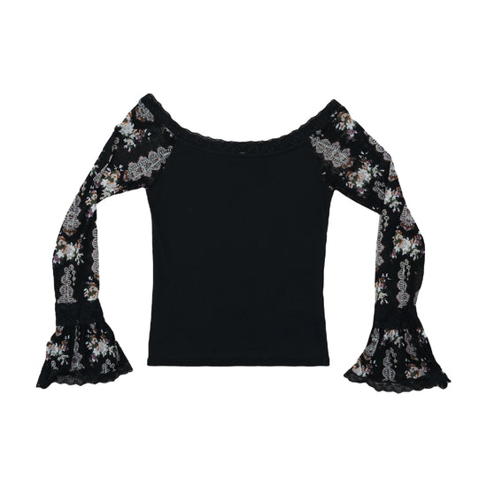 TopStudio Blouse Floral Lace Bell Sleeves Black S