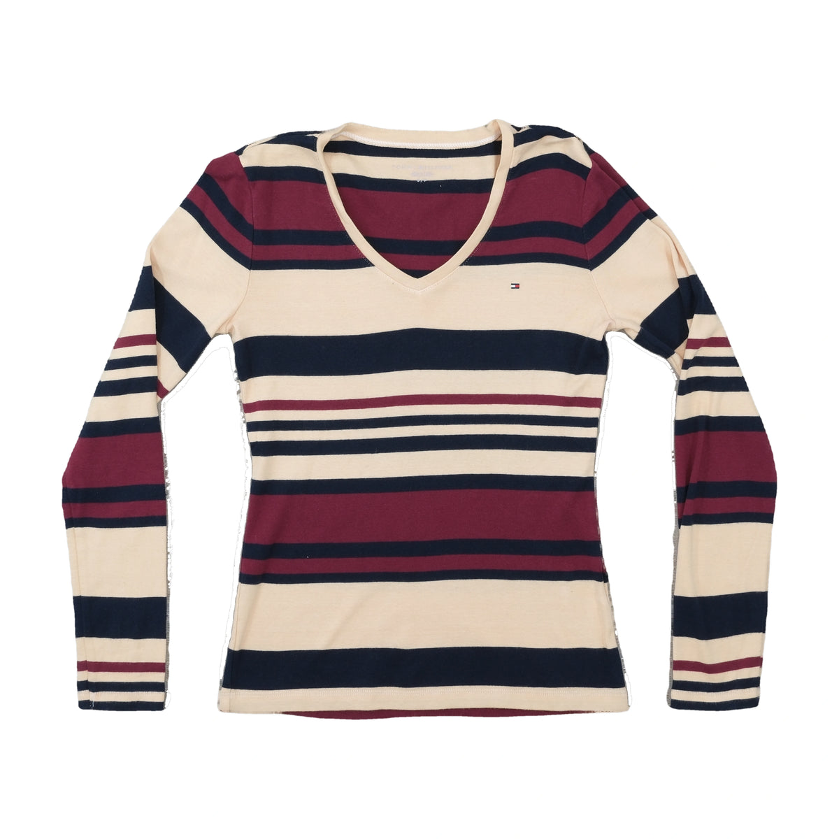 Tommy Hilfiger Striped Long-Sleeve V-Neck Top Beige S