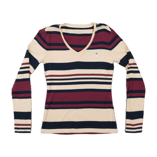 Tommy Hilfiger Striped Long-Sleeve V-Neck Top Beige S