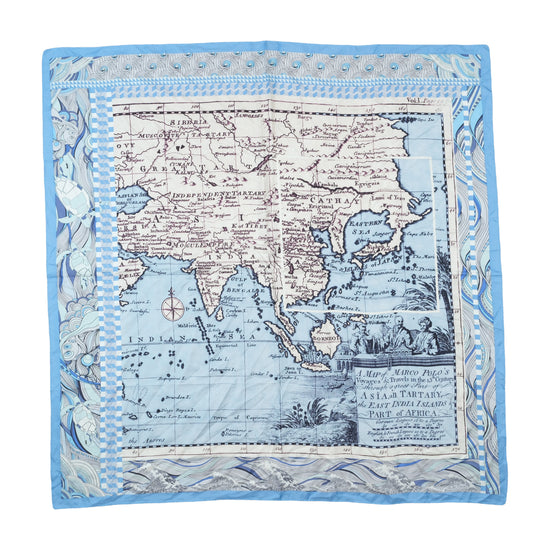 Vintage Map Print Square Scarf Sky Blue Cream