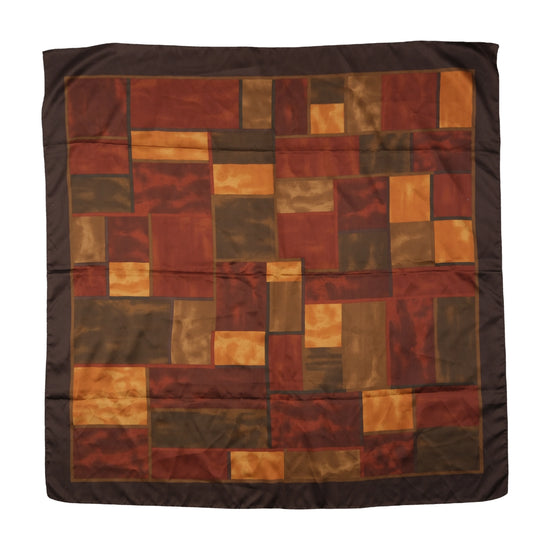 Vintage Satin Scarf Abstract Patchwork Print Brown