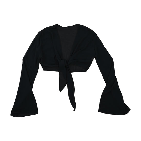 Vintage Tie-Front Crop Blouse Flared Sleeves Black