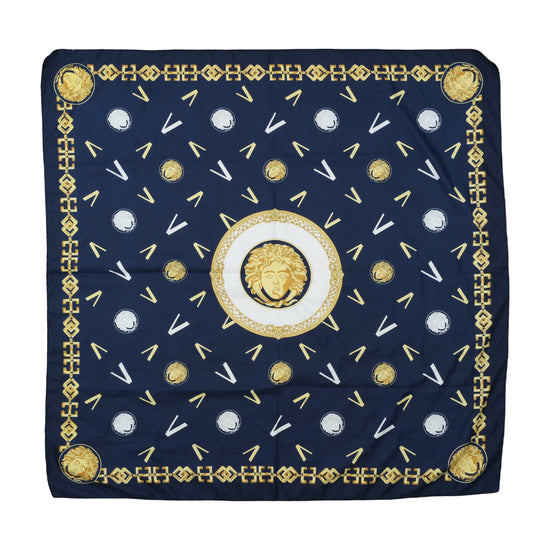 Vintage 1990s Medusa Medallion Navy Silk-Feel Square Scarf