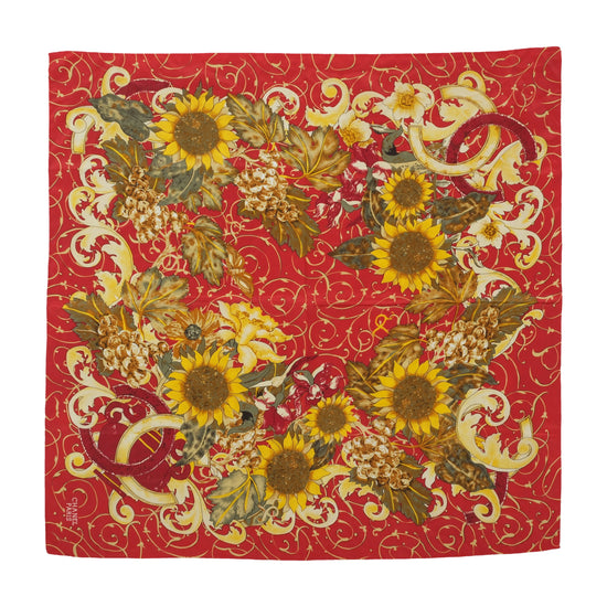Chanel Silk Scarf Sunflower Baroque Print Red