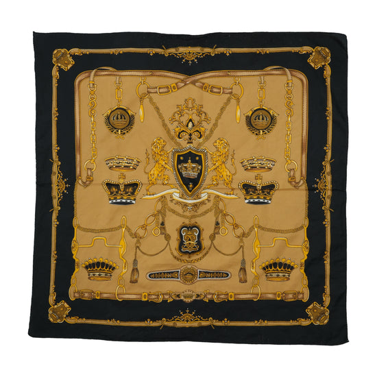 Vintage Heraldic Print Square Scarf Black Gold