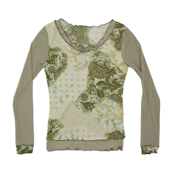Vintage Y2K Mesh Botanical Print Blouse Olive Green S