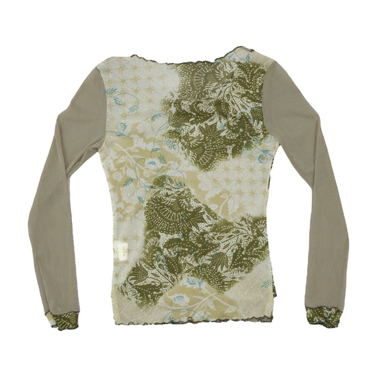 Vintage Y2K Mesh Botanical Print Blouse Olive Green S