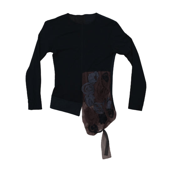Vintage Y2K Long-Sleeve Top Mesh Floral Rosette Black M