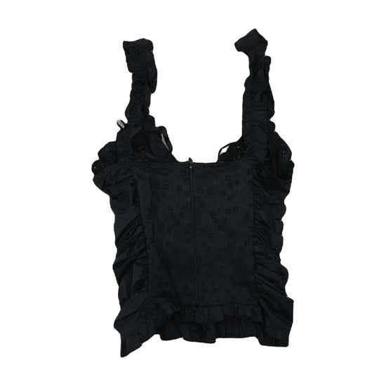 Vintage Y2K Black Jacquard Corset Top Ruffle Trim Black L