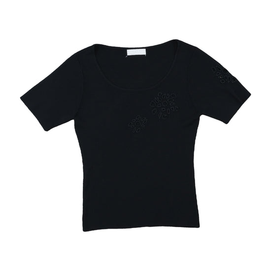Sophie Fitted Ribbed Top Tonal Cutwork Floral Black