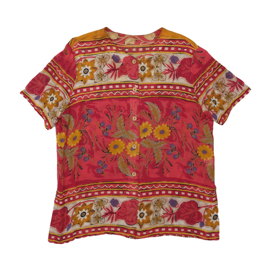 Vintage Floral Border Print Blouse Coral Red 2XL
