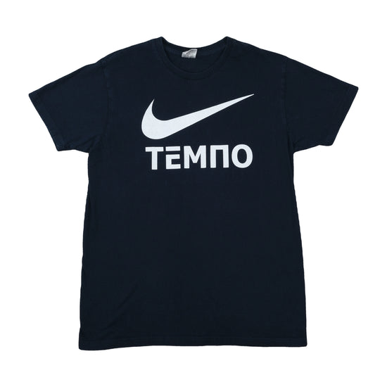 Vintage Nike Swoosh Cyrillic Graphic Tee Navy M