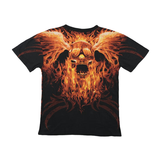 Spiral Fire Skull All-Over Print Graphic T-Shirt Black L