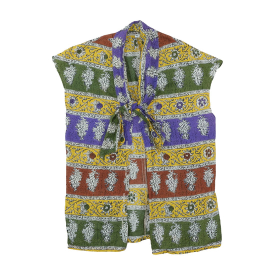Vintage Kimono Wrap Top Stripe Block Print Multicolor M