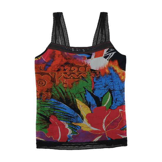 Vintage Y2K Tropical Print Lace Trim Tank Top Multicolor