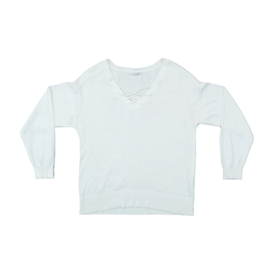Lanidor Fine Knit Sweater Lace-Up V-Neck Ivory White S