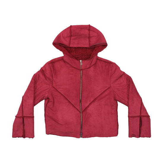 Vintage Y2K Faux Suede Sherpa Hooded Jacket Raspberry Red M