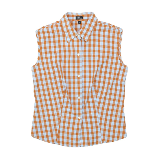 Les Fleurs Sleeveless Blouse Orange Blue Gingham M