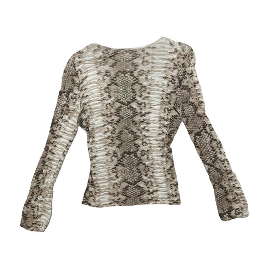 Vintage Y2K Snakeskin Print Mesh Long-Sleeve Top Beige L