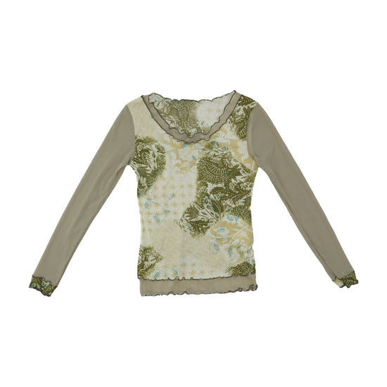 Vintage Y2K Mesh Botanical Print Blouse Olive Green S