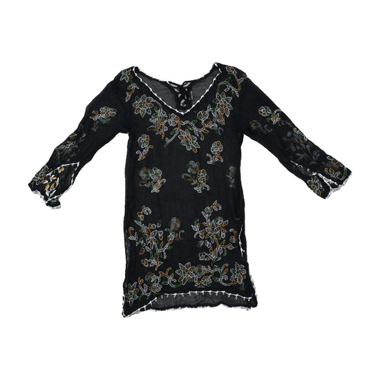 Vintage Sheer Floral Embroidered Boho Tunic Black