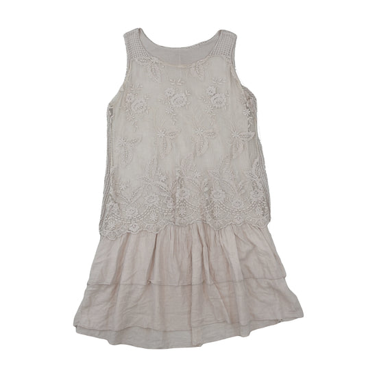 Vintage Drop-Waist Lace Ruffle Dress Beige XS