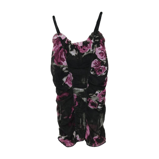 Vintage Ruched Mesh Black Floral Rose Print