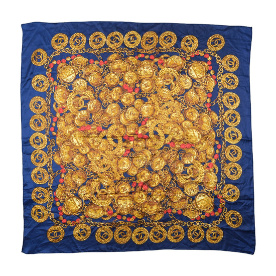 Vintage Coins & Chains Print Silk Scarf Navy