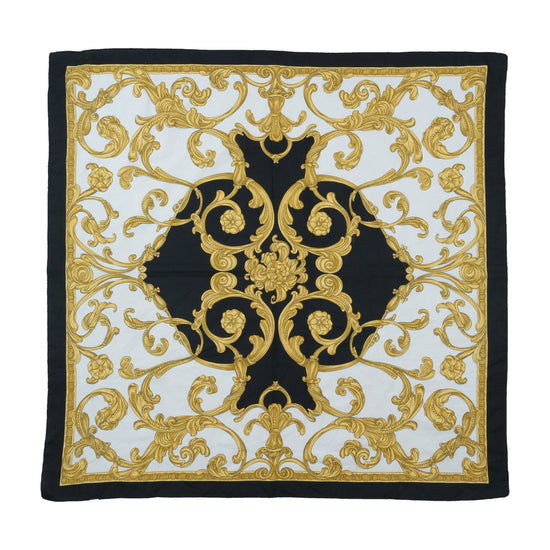 Vintage Baroque Floral Scroll Square Scarf Black White Gold