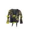 Blusa Cruzada Transparente roxa em Rede com estampado floral abstrato e Cintura de Atar