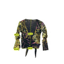 Blusa Cruzada Transparente roxa em Rede com estampado floral abstrato e Cintura de Atar